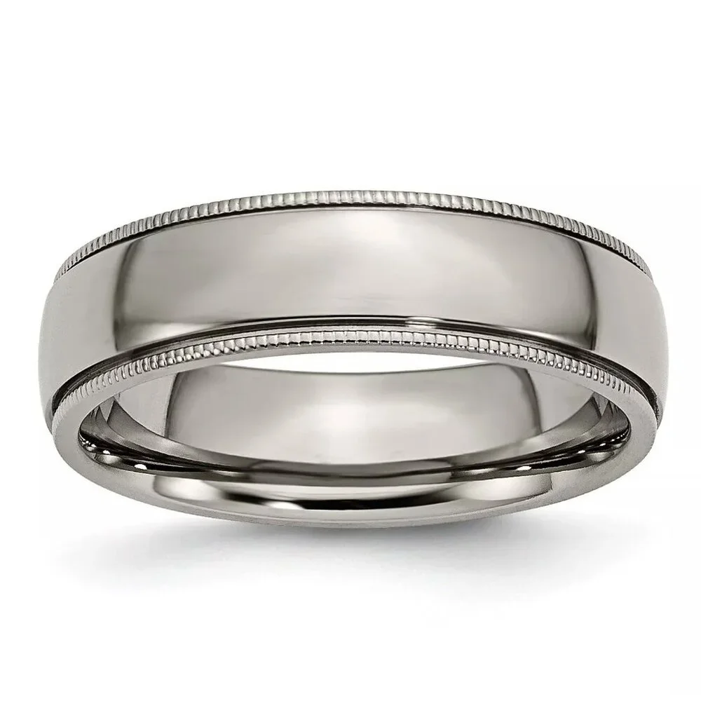 Chisel Titanium Grooved and Beaded Edge 6mm‎ Polished Band, Finger Size 9.5